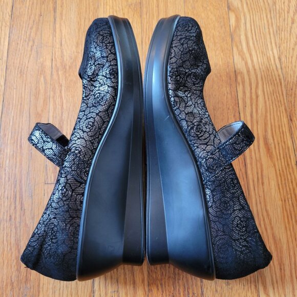 Alegria Black Metallic Floral Rose Leather Mary Jane Wedge Heels 8.5 FLA 553 - Picture 5 of 10